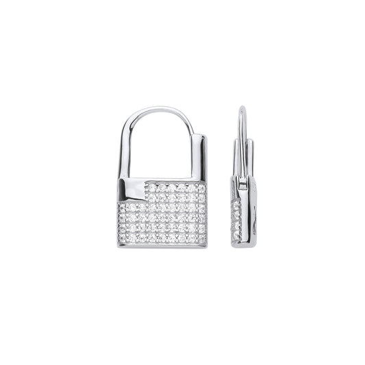 Silver Cubic Zirconia Padlock Drop Earrings