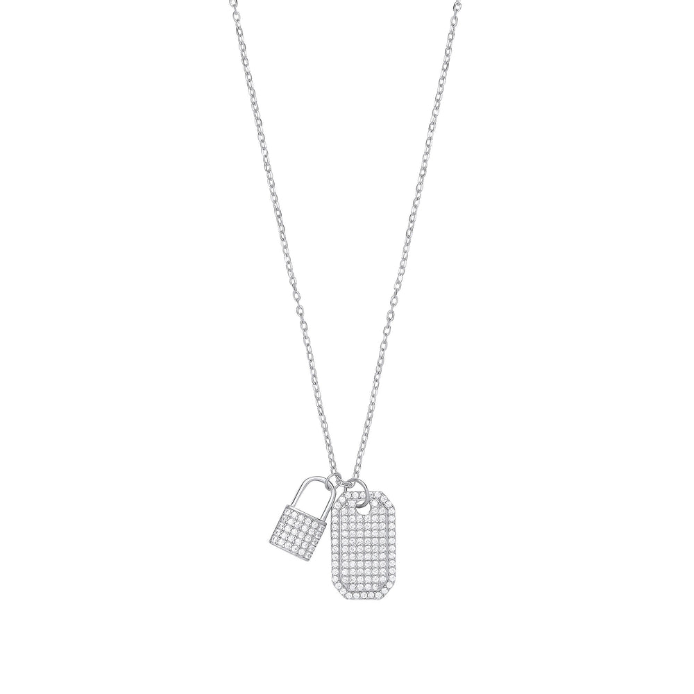 Silver Cubic Zirconia Padlock & Dog Tag Necklace