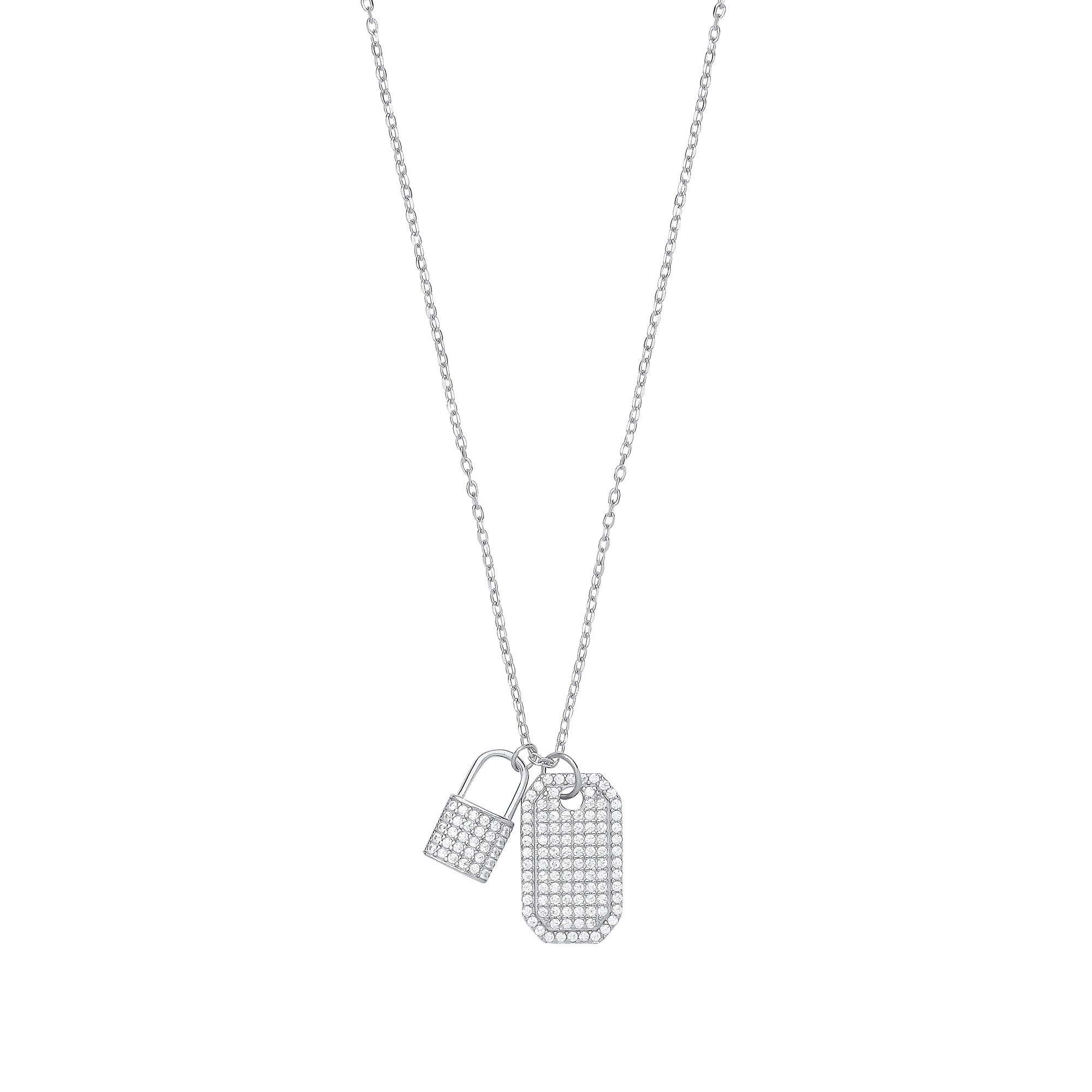 Silver Cubic Zirconia Padlock & Dog Tag Necklace