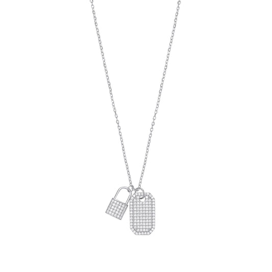 Silver Cubic Zirconia Padlock & Dog Tag Necklace