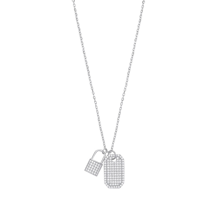 Silver Cubic Zirconia Padlock & Dog Tag Necklace