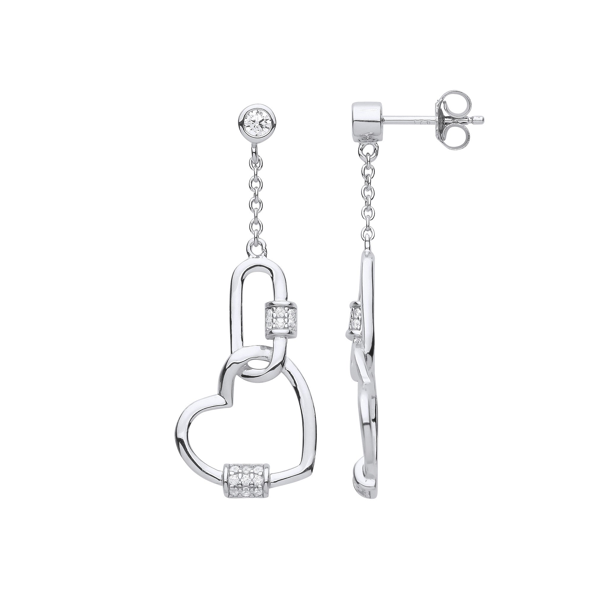 Silver Heart Paper Clip Cubic Zirconia Drop Earrings