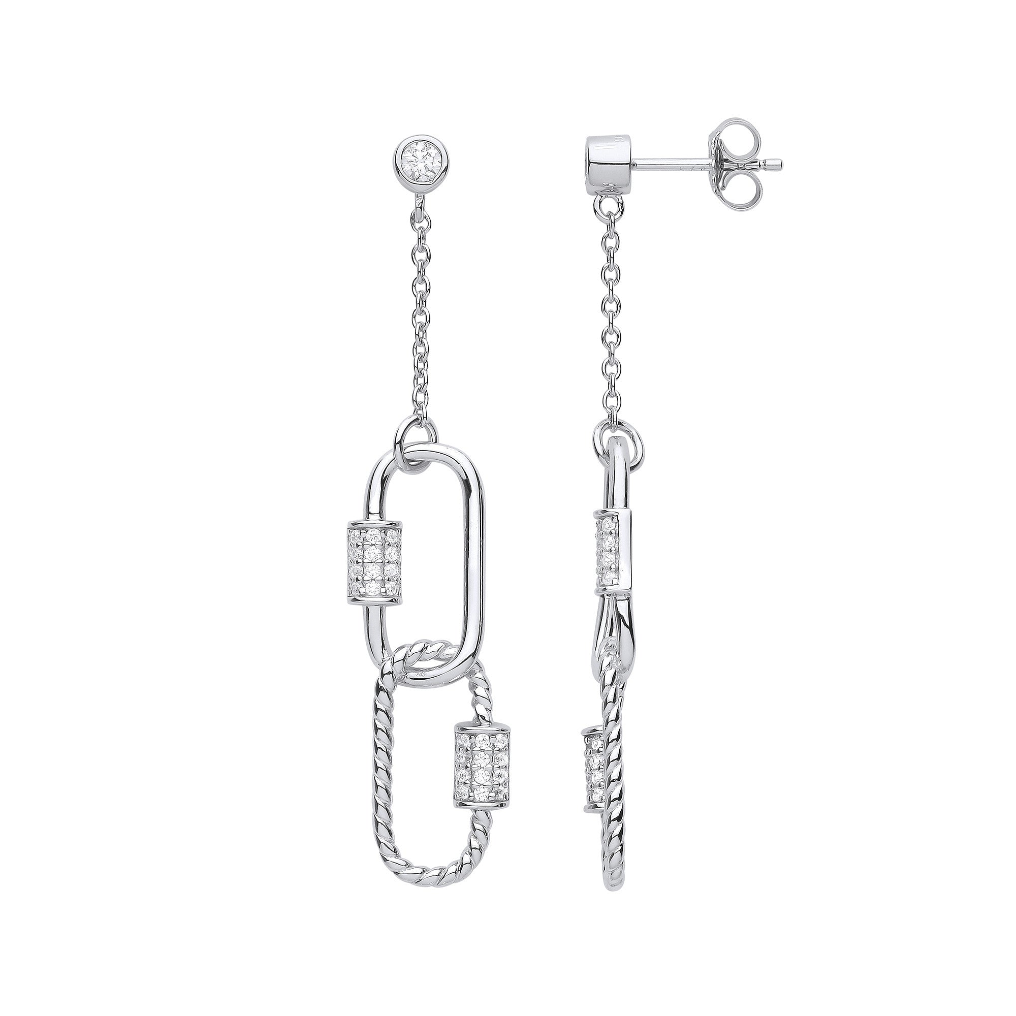 Silver Paper Clip Cubic Zirconia Drop Earrings