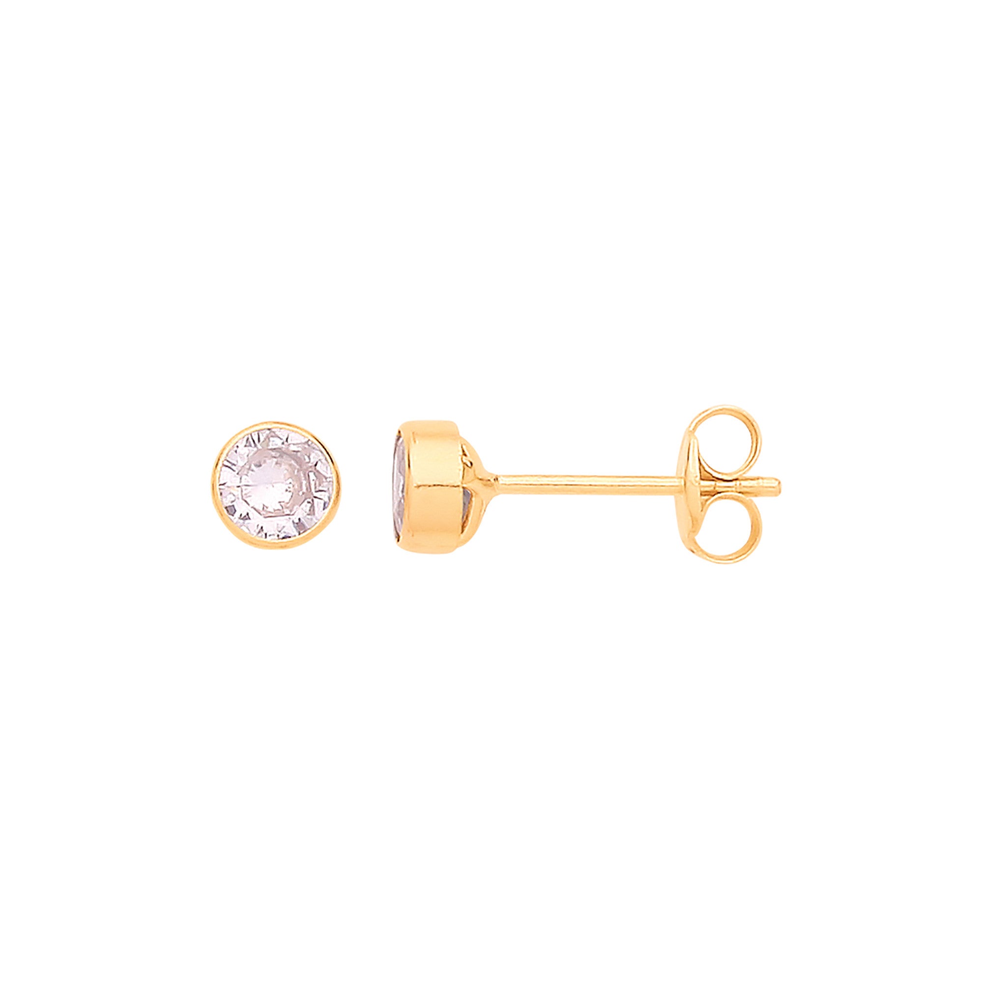 9ct Yellow Gold 4mm Rubover Set Clear Cubic Zirconia Studs