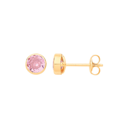 9ct Yellow Gold 5mm Rubover Set Pink Cubic Zirconia Studs