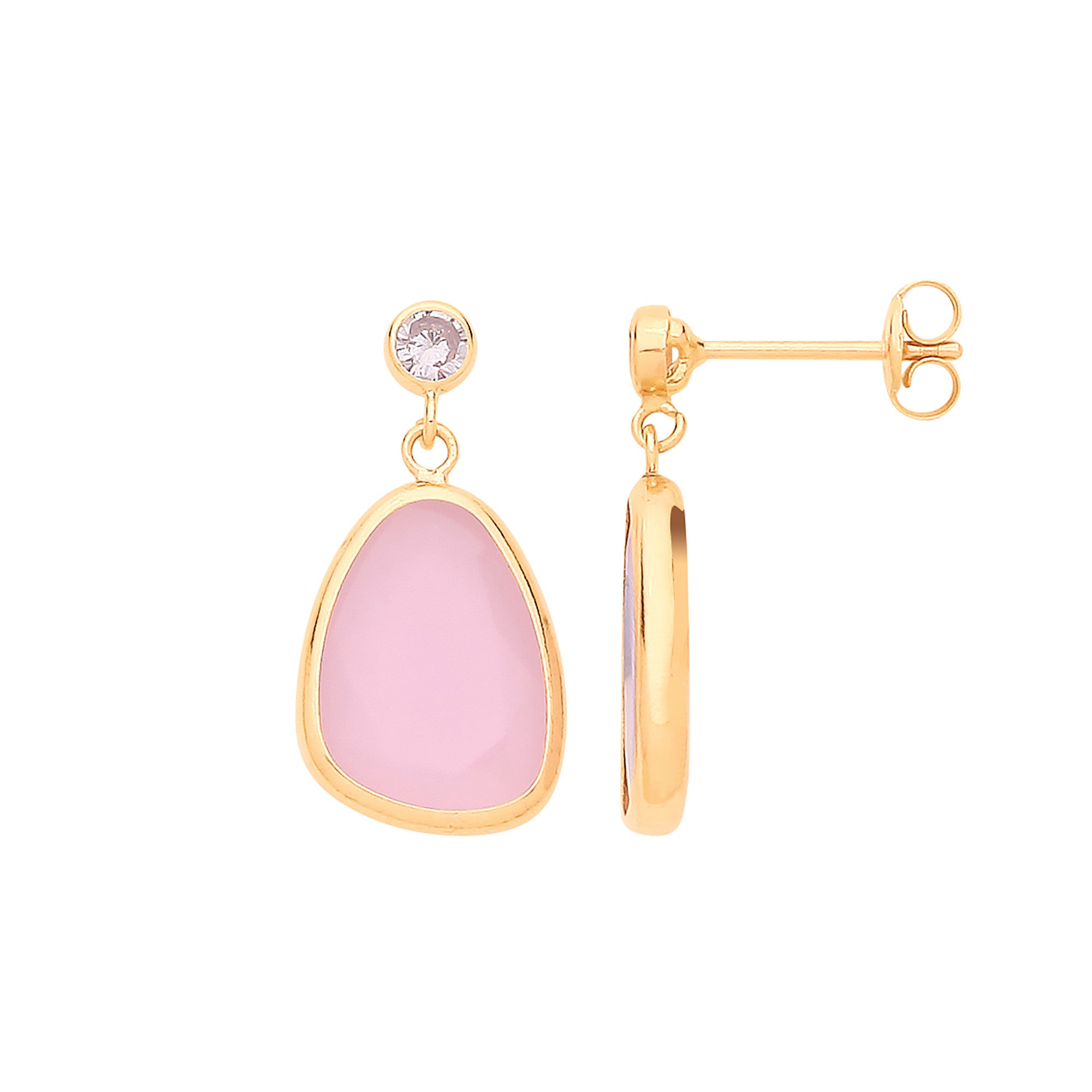 9ct Yellow Gold Cubic Zirconia and Pink Glass Drop Studs