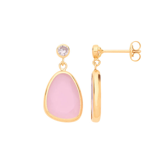 9ct Yellow Gold Cubic Zirconia and Pink Glass Drop Studs