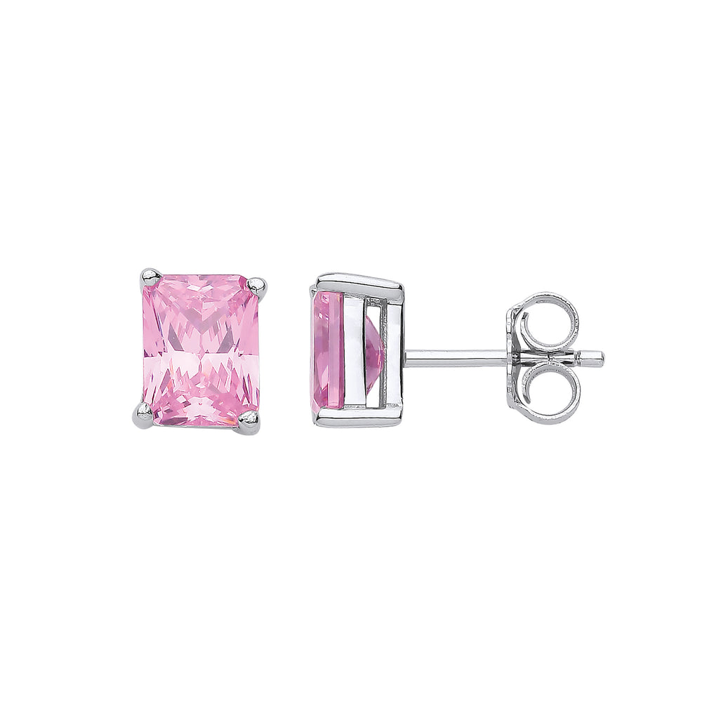 Silver PINK Cubic Zirconia Emerald Cut Stud Earrings