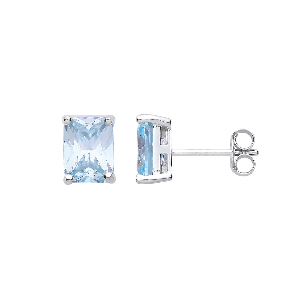 Silver BLUE Cubic Zirconia Emerald Cut Stud Earrings