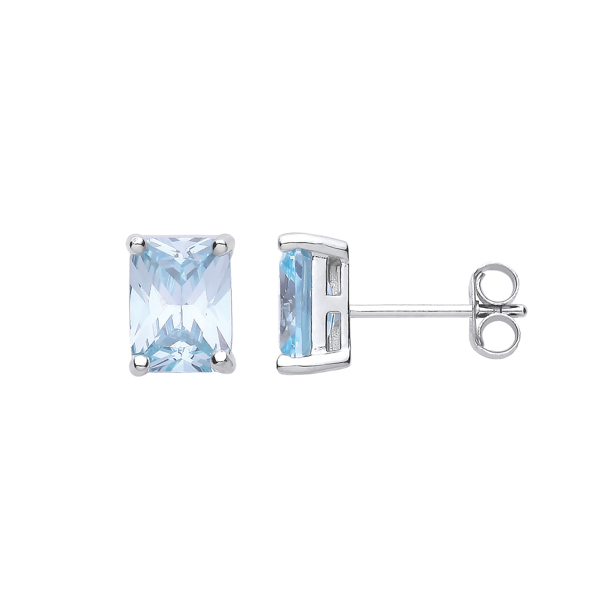 Silver BLUE Cubic Zirconia Emerald Cut Stud Earrings