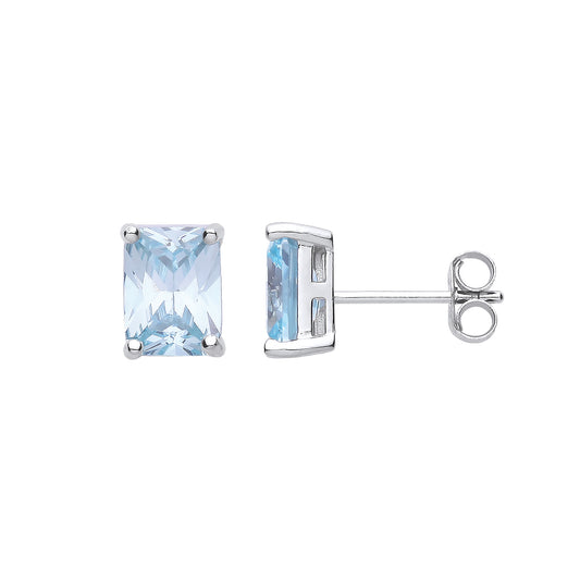 Silver BLUE Cubic Zirconia Emerald Cut Stud Earrings