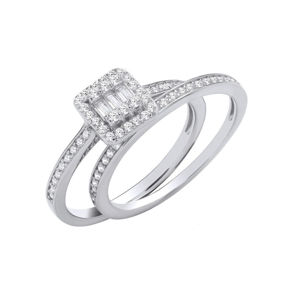 Silver Bridal Set Baguettes Centre & Round Cubic Zirconias Half ET Rings