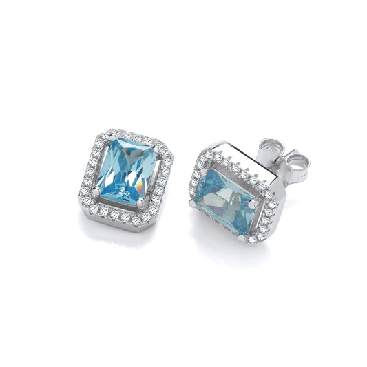 Silver Blue Cubic Zirconias Halo Stud Earrings