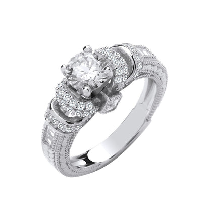 Silver Vintage Look, Milgrain Shank Solitaire Cubic Zirconia Ring