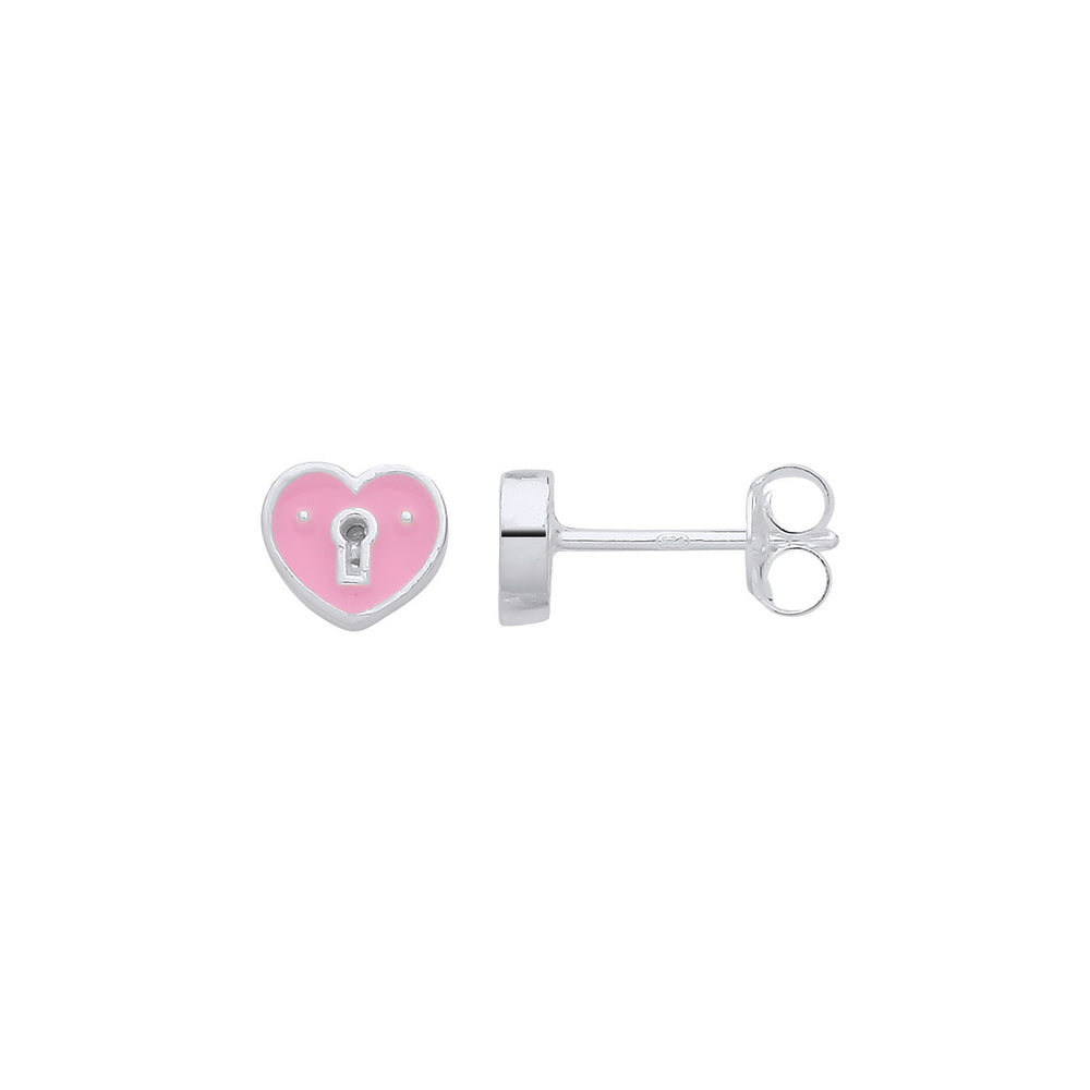 Silver Pink Enamel Heart Keyhole Stud Earrings – product view