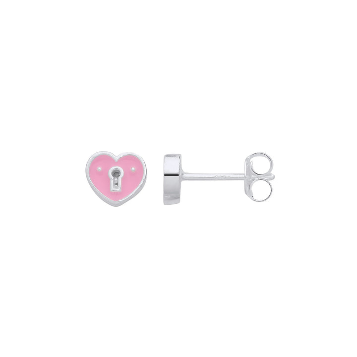 Silver Pink Enamel Heart Keyhole Stud Earrings