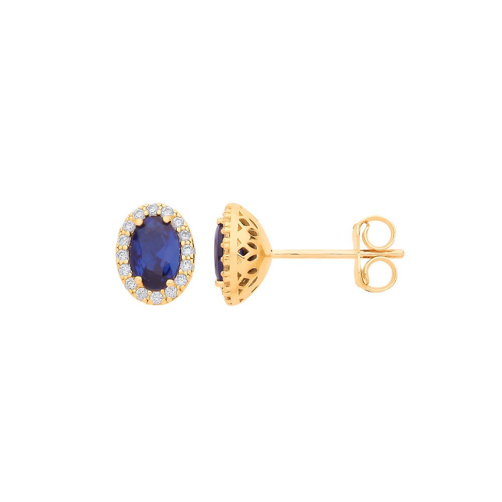 Yellow Gold Oval Blue Cubic Zirconia Stud Earrings