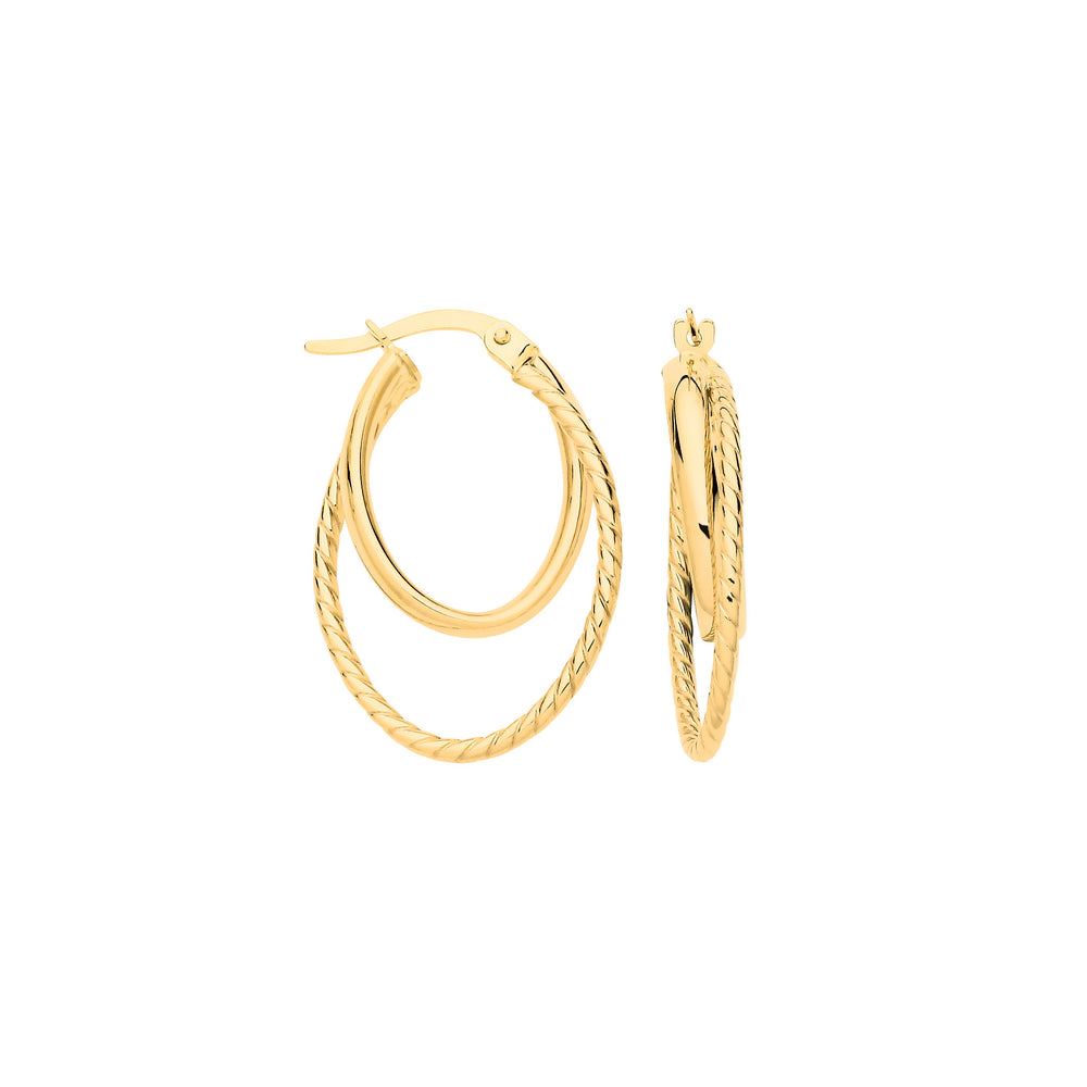 Yellow Gold Plain & Twisted Oval Hoop Earrings