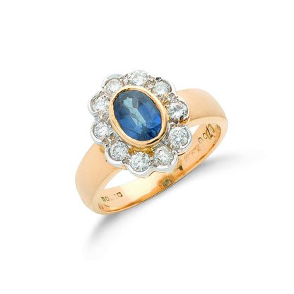 18ct Yellow Gold 0.35ct Diamond & 0.80ct Blue Sapphire Cluster Ring