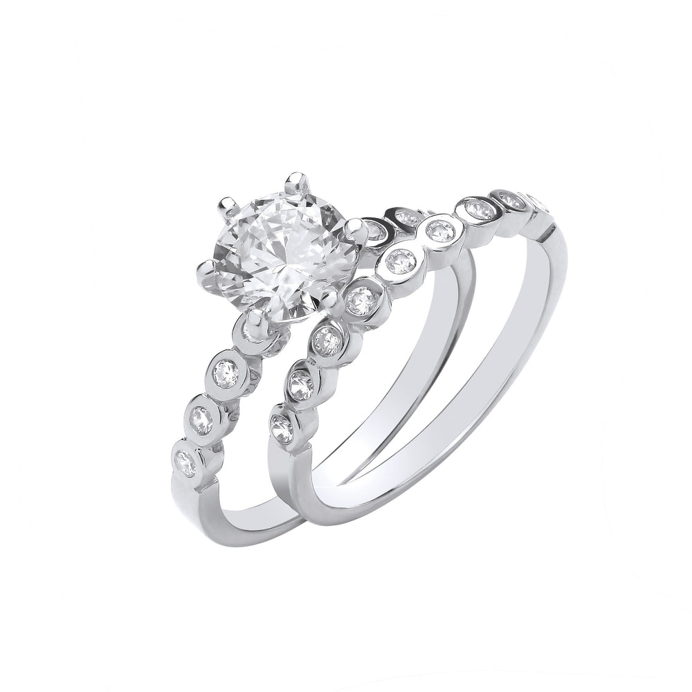 Silver Bridal Set Big Cubic Zirconia S/S & Rubover Half ET Rings