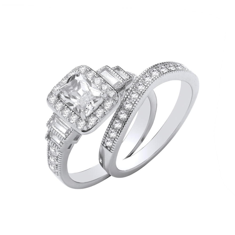 Silver Emerald Centre Cubic Zirconia Fancy Bridal Set Rings – product view