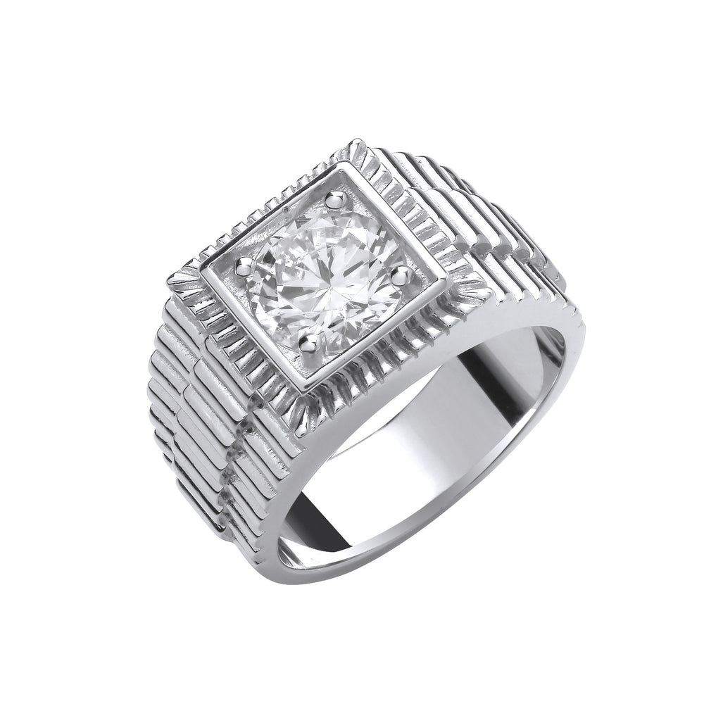 Silver Square Top with Round Cubic Zirconia Gents Ring – product view
