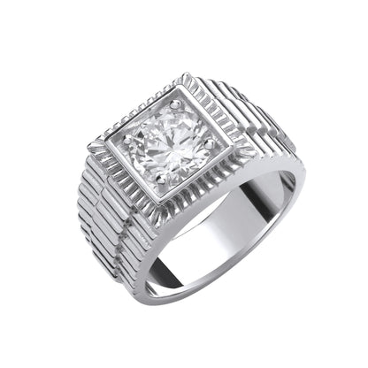 Silver Square Top with Round Cubic Zirconia Gents Ring – product view