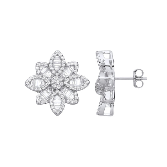 Silver Cubic Zirconia Big Flower Studs