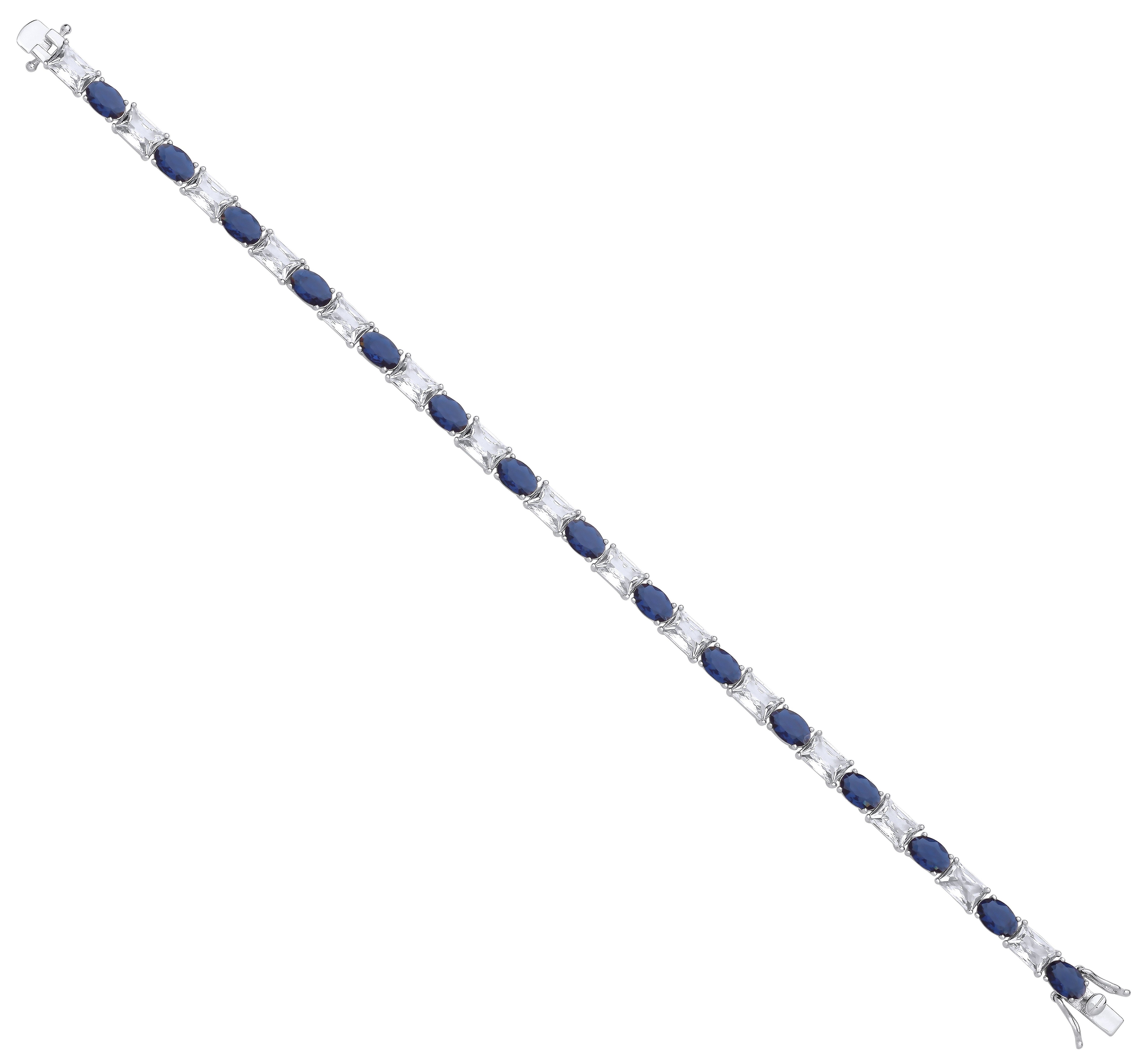 Silver Oval Sapphire Blue Glass & Clear Emerald Cubic Zirconias Tennis Bracelet