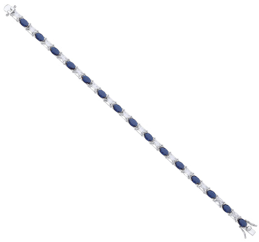 Silver Oval Sapphire Blue Glass & Clear Emerald Cubic Zirconias Tennis Bracelet