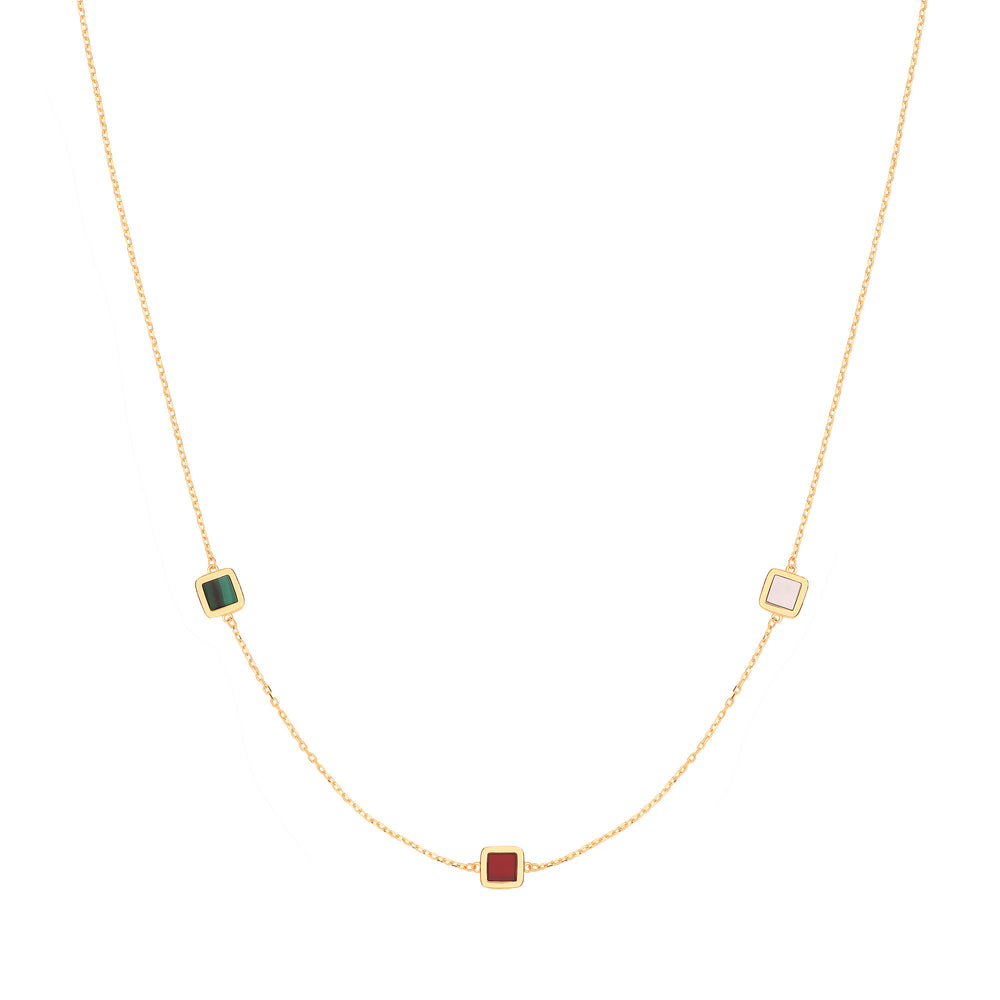 Yellow Gold Rubover Squares, White, Red & Green 18"Necklace/07" Bracelet