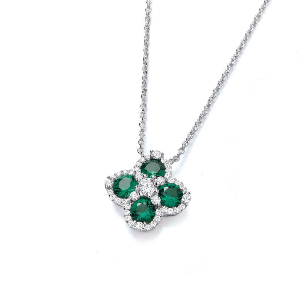Green Four Leaf Clover Cubic Zirconia Silver Necklace