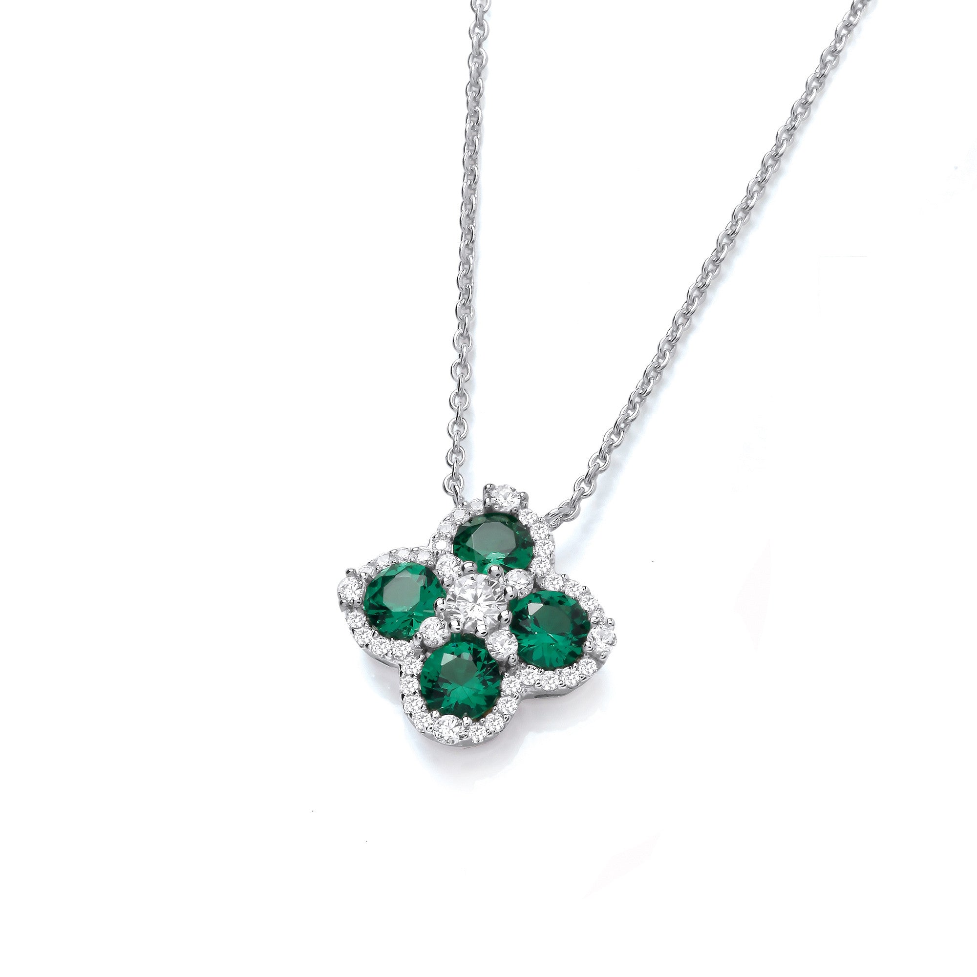Green Four Leaf Clover Cubic Zirconia Silver Necklace