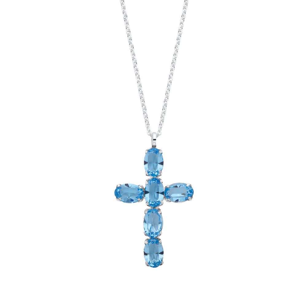 Silver Blue Crystal Cross Pendant on Chain