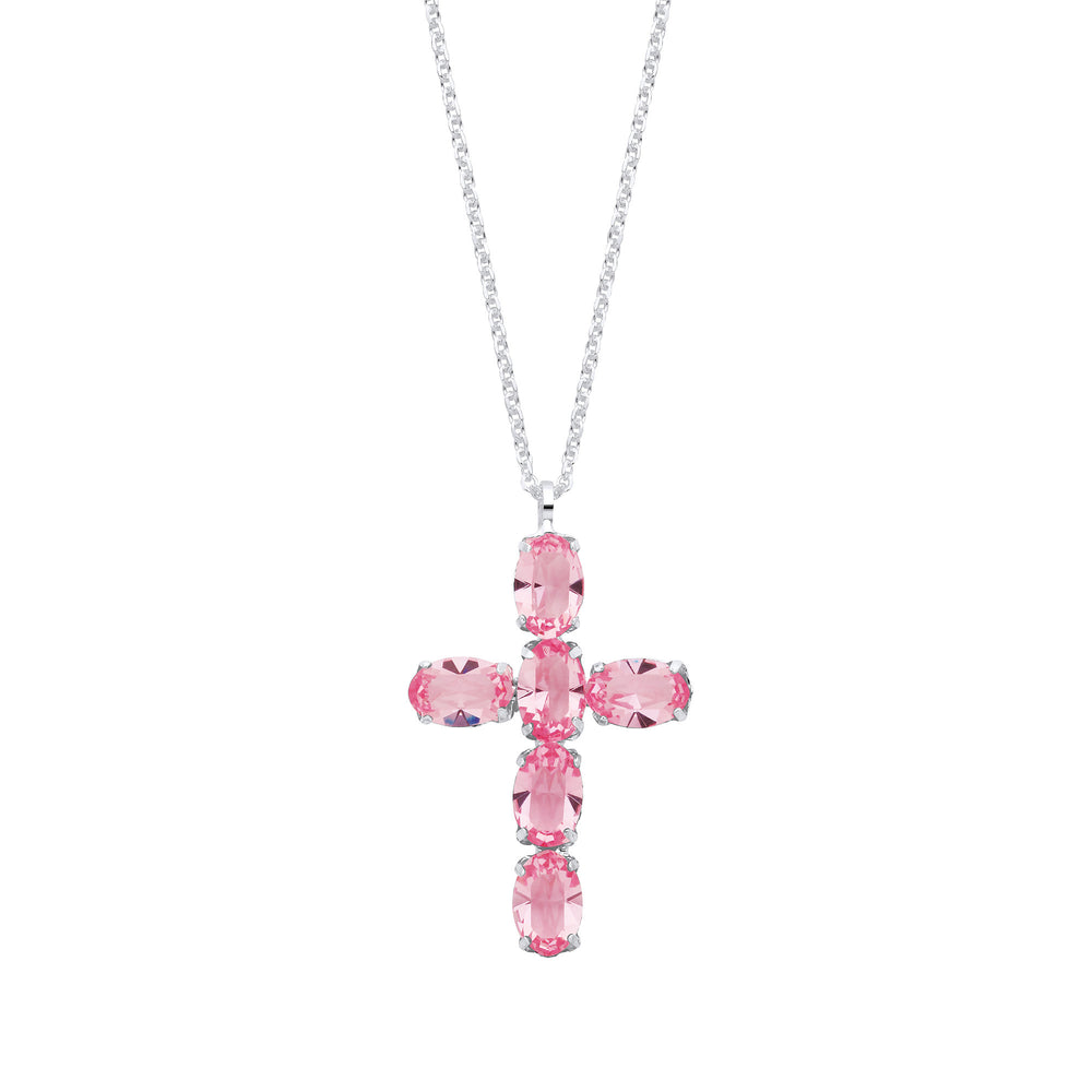 Silver Pink Crystal Cross Pendant on Chain