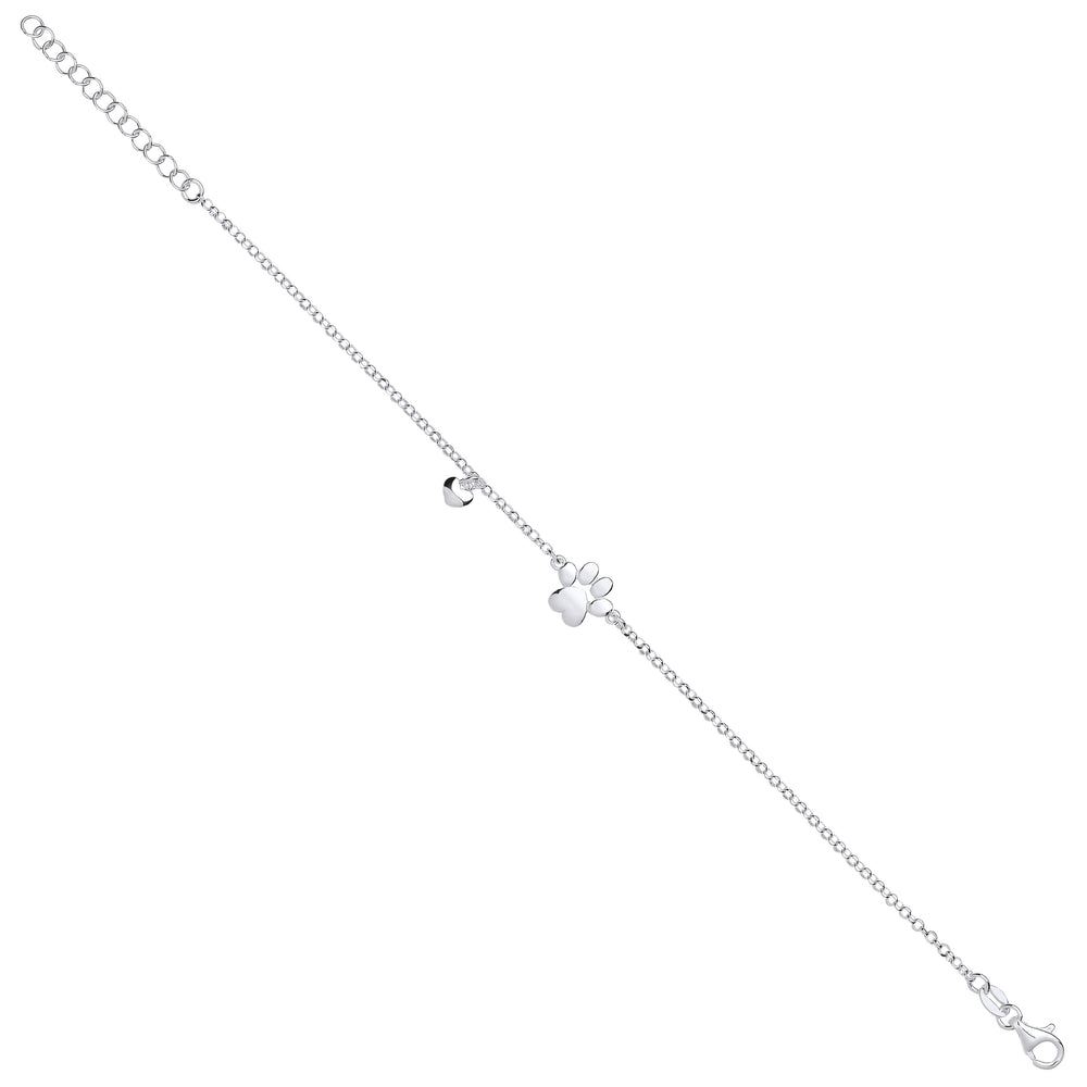 Silver Dog/Cat Paw & Heart Bracelet