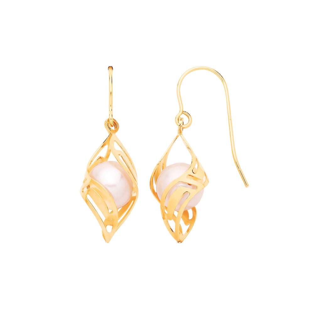 Yellow Gold Pearl Fancy Drop Earrings
