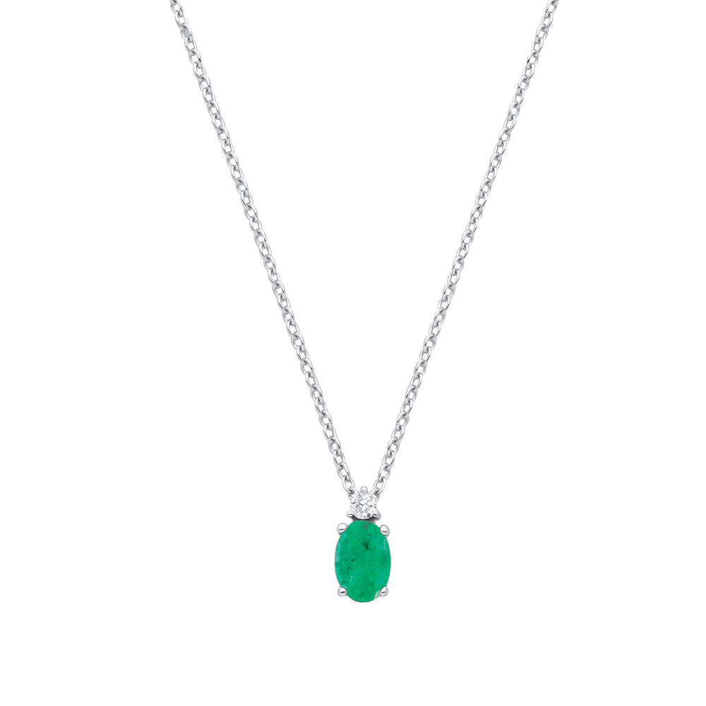 9ct White Gold Diamond 0.03ctw & Emerald 0.38ctw Necklace (Chain 17")