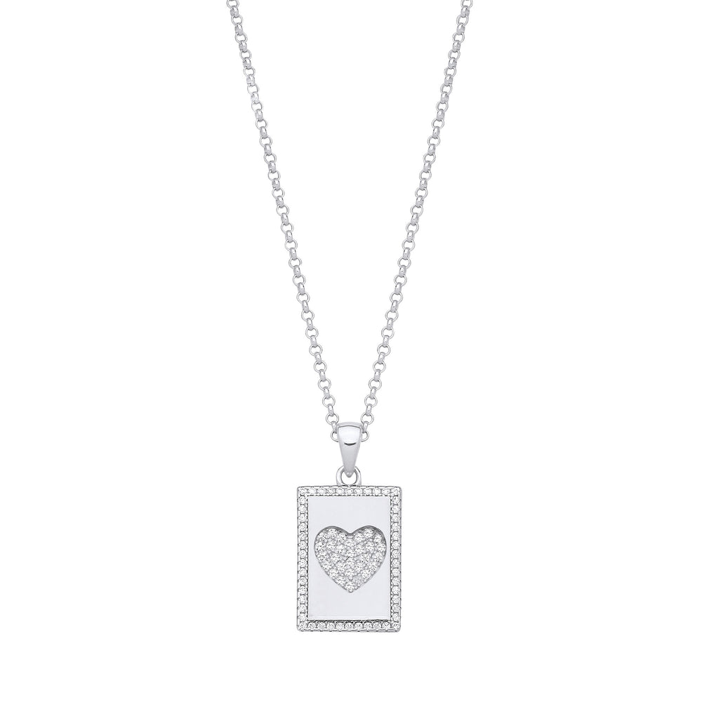 Silver Dog Tag Cubic Zirconias Heart Pendant on Chain
