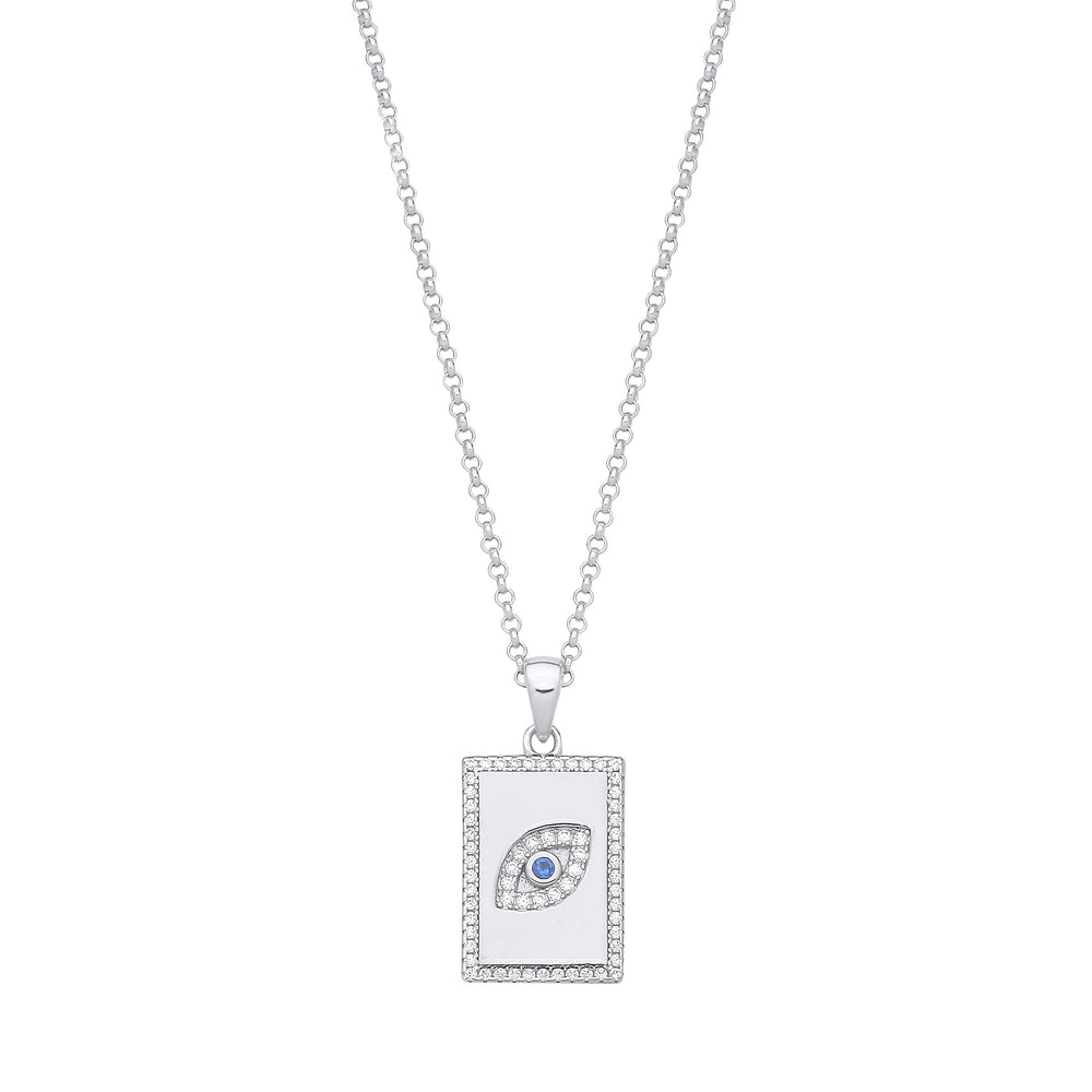 Silver Dog Tag Cubic Zirconias Evil Eye Pendant on Chain – product view