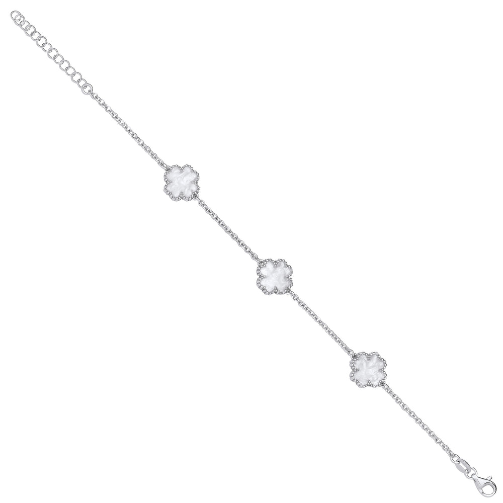 Silver WHITE Enamel Four Leaf Clover Bracelet
