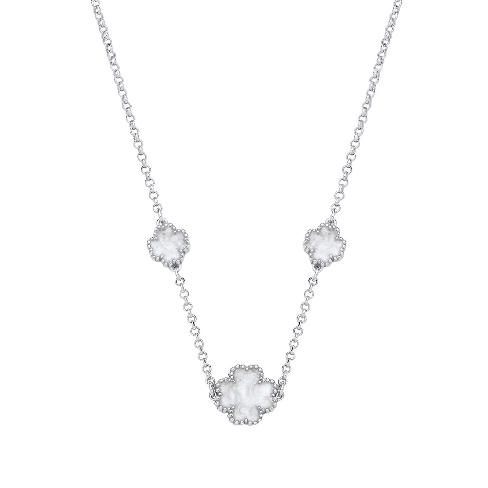 Silver WHITE Enamel Four Leaf Clover Necklace