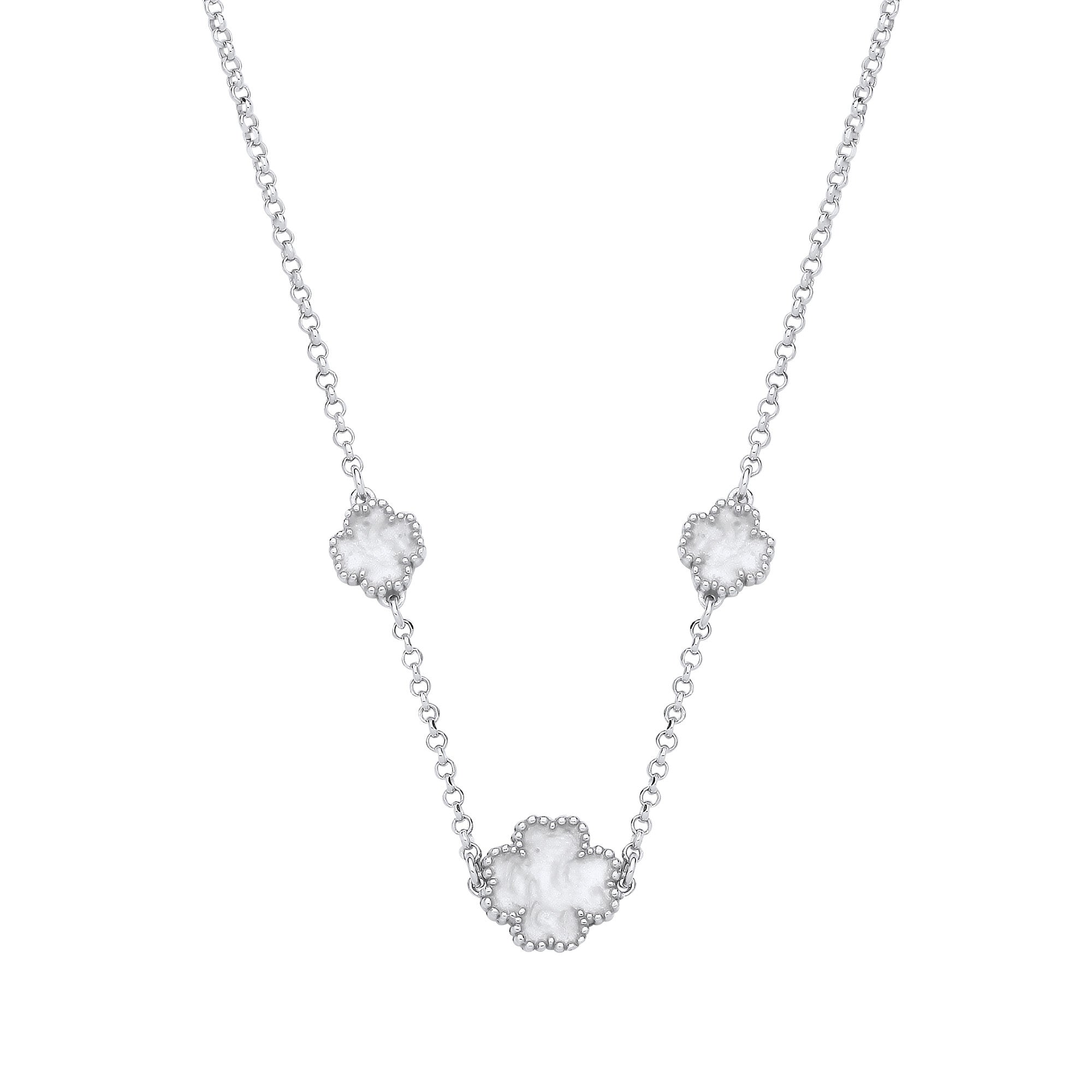 Silver WHITE Enamel Four Leaf Clover Necklace