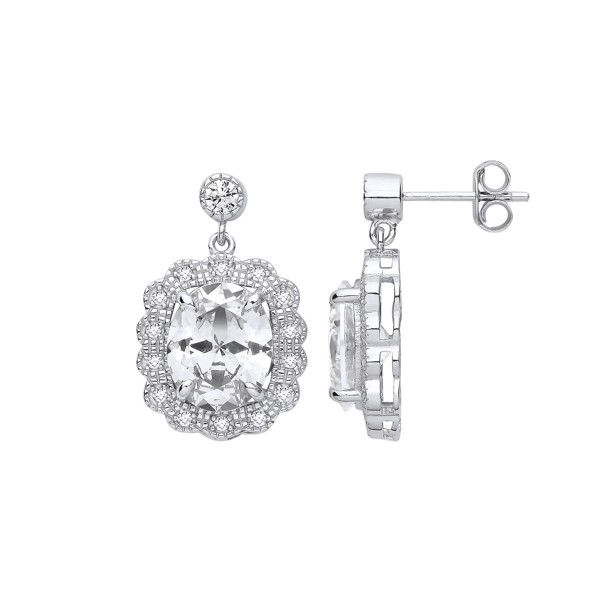 Silver Halo Drop Cubic Zirconia Earrings