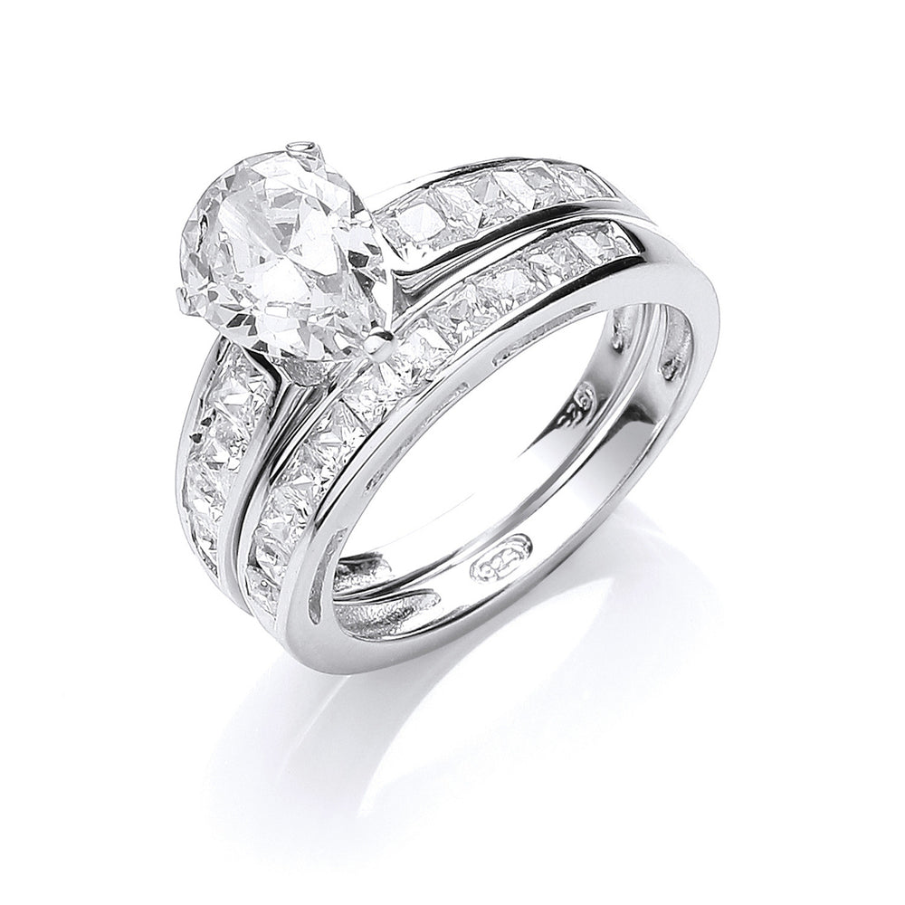 Silver Bridal Set, Pear Cubic Zirconia Centre Rings