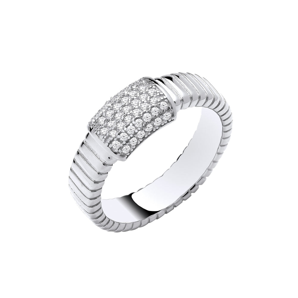 Silver Ribbed Link with Cubic Zirconia ID Plate Ring
