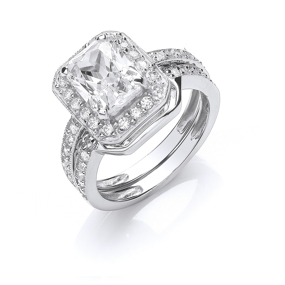 Silver Bridal Set Cubic Zirconia Emerald Cut Centre Rings