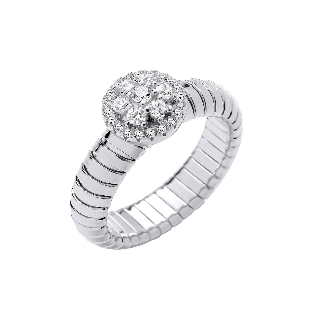 Silver Ribbed Link Cubic Zirconia Cluster Ring