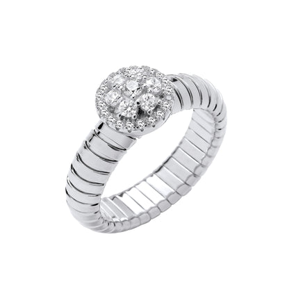 Silver Ribbed Link Cubic Zirconia Cluster Ring