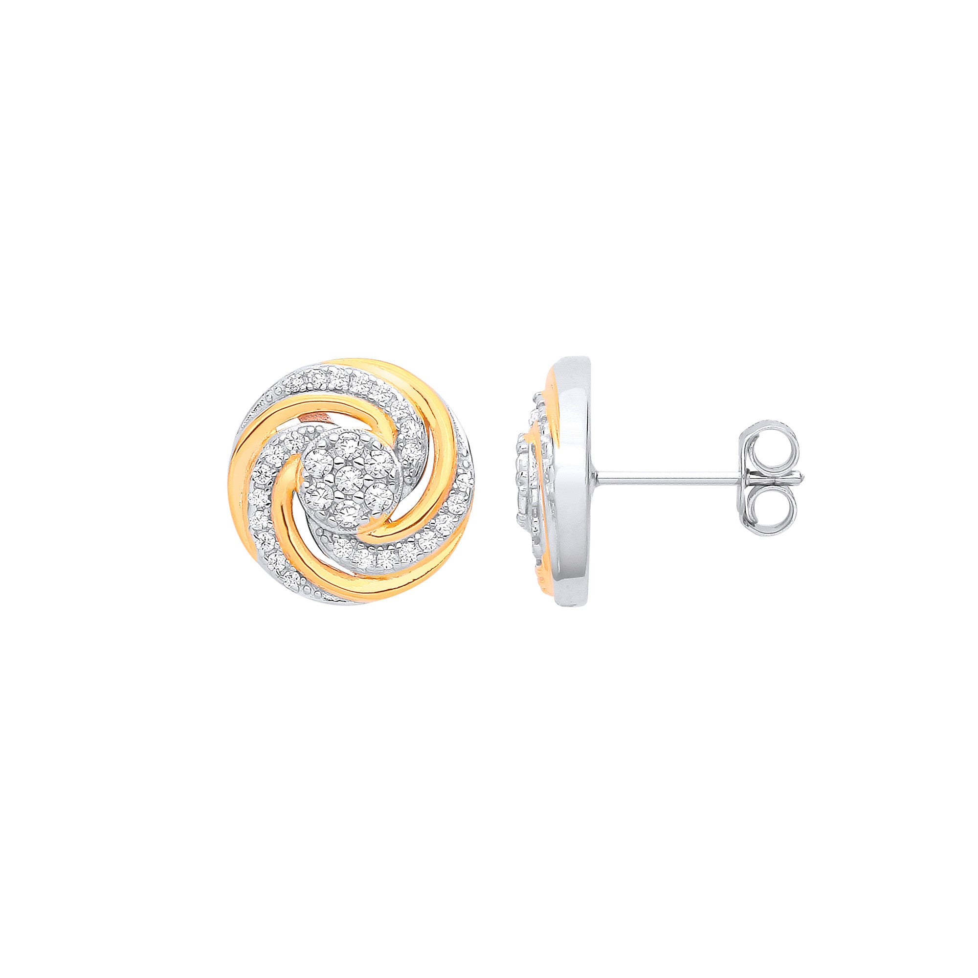 Silver & Yellow Gold Cubic Zirconia Plated Swirl Stud